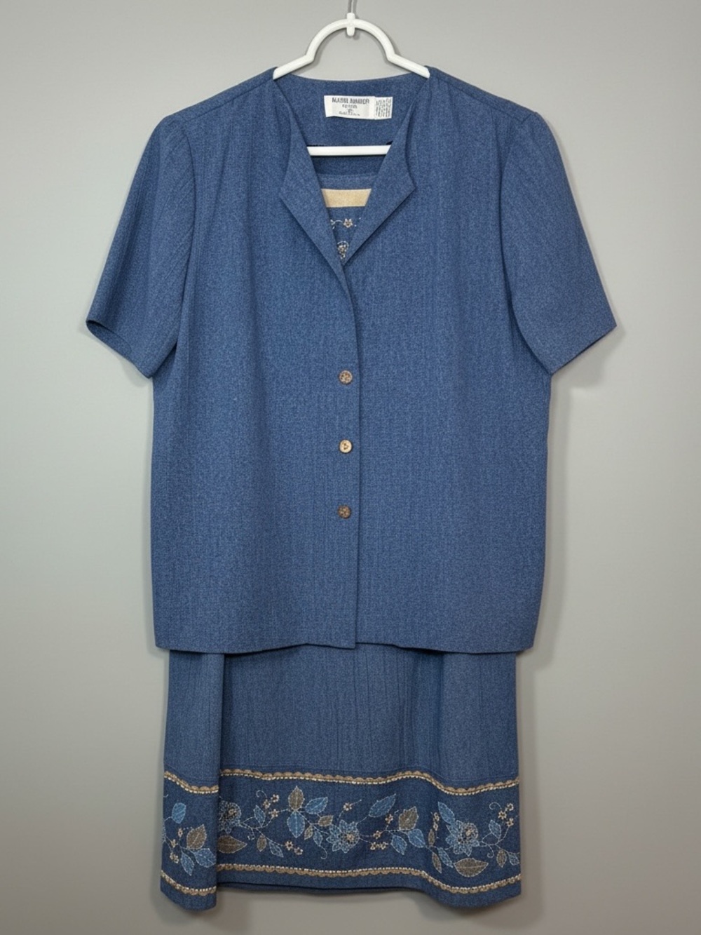 Vintage 90s Alfred Dunner Blue Two-Piece Skirt Set with Embroidered Hem 10P